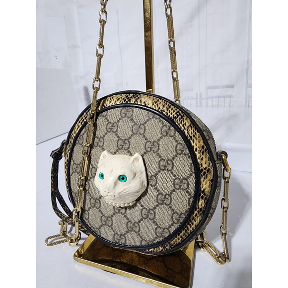 GUCCI GG Supreme Monogram Patchwork Cat Round Shoulder Bag Beige/Brown - Picture 9 of 16